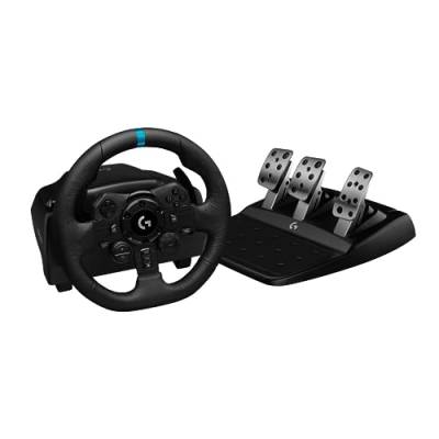 Logitech G923 TRUEFORCE Gaming Rennlenkrad mit Pedalen, Kraftrückkopplung bis 1000 Hz, Reaktionsschnellem Pedal, Doppelkupplungssystem, Echtleder Lenkrad, für PS5, PS4 & PC, UK-Stecker - Schwarz von Logitech G