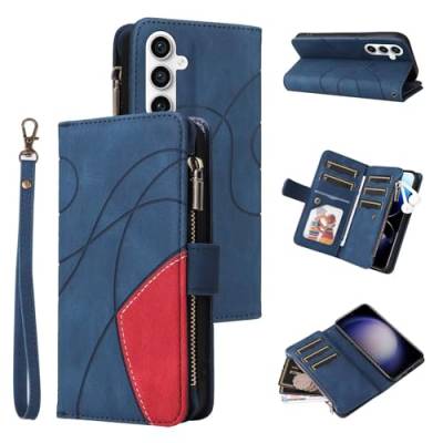 MBSLFY Handyhülle Leder für Xiaomi Redmi 13C Hülle,Retro Reißverschluss Handytasche mit 9 Kartenfächer/Handschlaufe Geldbörse Trageband Schutzhülle Folio Wallet Case,Blau von MBSLFY