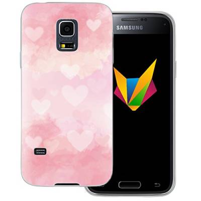 MOBILEFOX Valentinstag transparente Silikon TPU Schutzhülle 0,7mm dünne Handy Soft Case für Samsung Galaxy S5 Mini Herzen Rosa Pink von MOBILEFOX