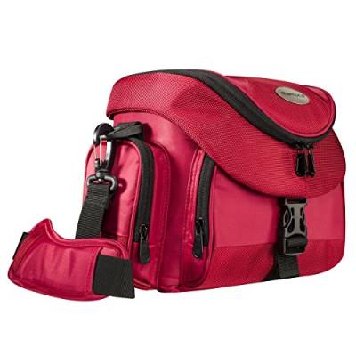 Mantona Premium Kameratasche - Universaltasche inkl. Schnellzugriff, Staubschutz, Tragegurt und Zubehörfach, geeignet für DSLM und DSLR Kameras, rot/schwarz von Mantona