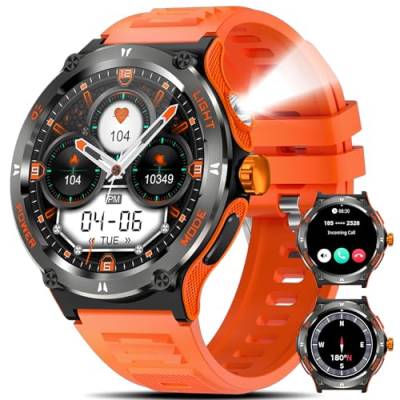 Marsyu Smartwatch Herren Militär mit Telefonfunktion mit LED Taschenlampe/Kompass, 500 mAh Lange Akkulaufzeit 1,53" Outdoor Sportuhr mit 24H Herzfrequenzmonitor 3ATM Wasserdicht Fitnessuhr (Orange) von Marsyu