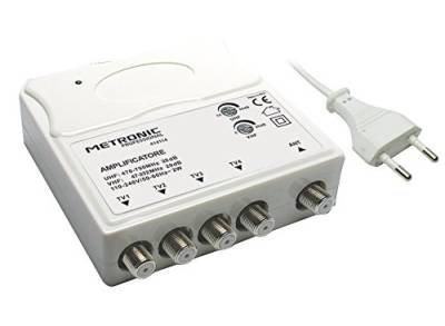 Metronic 414114 TV-Verstärker VHF/Uhf für Digitale terrestrische Geräte mit LTE-Filter, VHF 20 dB und Uhf 28 Db, 1 Eingang/4 Ausgänge, für den Innenbereich, Weiß von Metronic