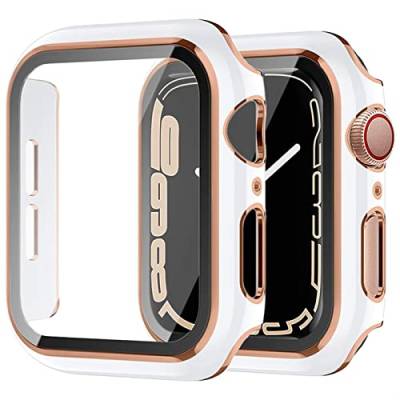 Miimall Kompatibel mit Apple Watch Series 9/8/7 45mm 41mm Hülle mit Glas Displayschutz, Roségold Rand Ultradünne PC Schutzhülle Vollschutz Displayschutz Case für iWatch 45mm - Weiß+Roségold von Miimall