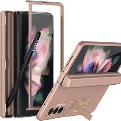 Miimall für Samsung Galaxy Z Fold 3 Hülle mit Stifthalter Ausblenden + Scharnierschutz, All-Inclusive Case mit Glas Displayschutz Standfunktion Hartes PC Schutzhülle für Z Fold 3 2021 - Rosa von Miimall