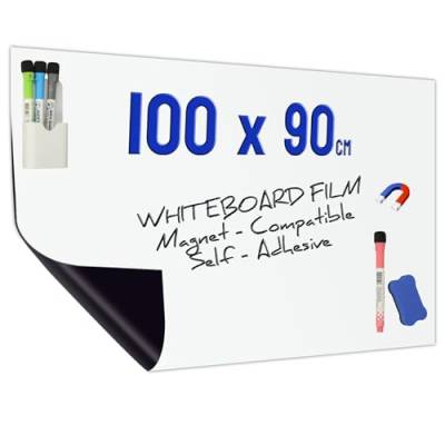 Minadax Whiteboard Folie 100 x 90cm | Magnet Haftend | Zuschneidbar + Stifte mit Halter + Wischer von Minadax