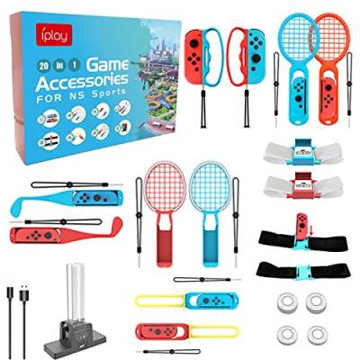 20 in 1 Switch Sport Spiel Zubehör, Switch Sport Zubehör Bündeln Set Das Somatosensorische Set Bundle Zubehör Kit 2022 2023 Familienparty Paket Spiel Zubehör Set mit J-CON Ladestation Typ-C Kabel von Mocoli