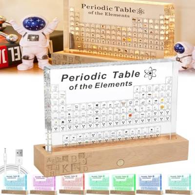 Periodensystem mit Echten Elementen im Inneren, Acryl Periodic Table of 83 Elementen, LED Periodensystem Anzeige Holz LED Basis für Schüler Lehrer Kinder Wissenschaftsliebhaber-20 x 14,5 x 2,7cm von Mocoli