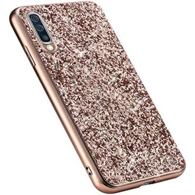 MoreChioce kompatibel mit GalaxyA50 Hülle,GalaxyA50 Handyhülle,Rosa Gold Chrom Glitzer Strass Silikon Bumper Schutzhülle Kratzfeste Durchsichtig Tasche Hybrid Protective Back Cover von MoreChioce