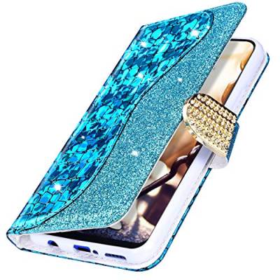 MoreChioce kompatibel mit GalaxyA7 2018 Hülle,GalaxyA750 Hülle Leder Glitzer,Premium Blau Bling Diamant Laser Klapphülle Flip Protective Wallet Magnetische mit Kartenfach Standfunktion von MoreChioce