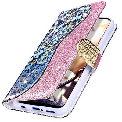 MoreChioce kompatibel mit GalaxyA7 2018 Hülle,GalaxyA750 Hülle Leder Glitzer,Premium Silber Bling Diamant Laser Klapphülle Flip Protective Wallet Magnetische mit Kartenfach Standfunktion von MoreChioce