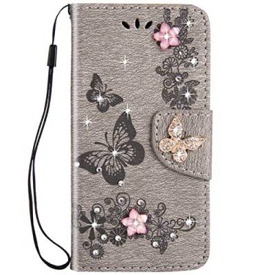 MoreChioce kompatibel mit Sony Xperia X Compact Hülle,kompatibel mit Sony X Compact Hülle Leder Klappbar,Elegant 3D Bling Glitzer Schmetterling Blume Ledertasche Handyhülle Flip Wallet Case,Grau von MoreChioce