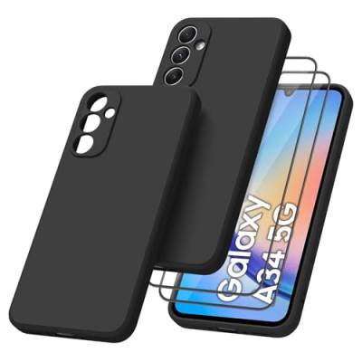 Mugust 【1 Hülle + 2 Stück Panzerfolie für Samsung Galaxy A34 5G Hülle, Vollschutz Flüssigsilikonhülle 360 Grad Schutzhülle für Samsung Galaxy A34 5G HandyHülle (Schwarz) von Mugust