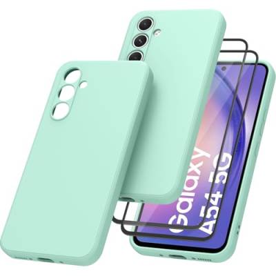 Mugust HandyHülle für Samsung Galaxy A54 5G Hülle, 【1 Hülle + 2 Stück Panzerfolie】für Samsung Galaxy A54 5G, Vollschutz Flüssigsilikonhülle Schutzhülle für Samsung Galaxy A54 5G (Helles Cyan) von Mugust