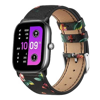 Mugust für Amazfit GTS 4 Mini Armband/Amazfit GTS 2 Mini Armband Damen Herren, Leder Verstellbarer Ersatz Armband für Amazfit GTS 2/GTS 3/GTS 4/GTS 2e/Bip Lite/Bip U Pro/Bip 3/Bip 3 Pro(Rote Blume) von Mugust