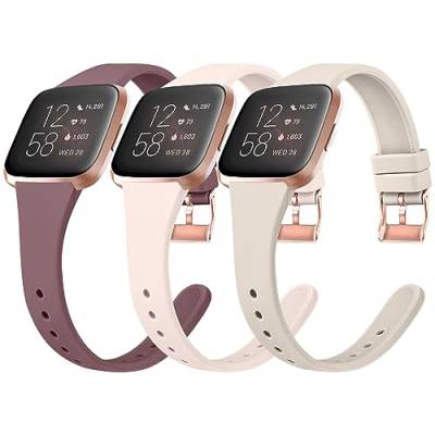 Mugust für fitbit Versa 2 Armband/Fitbit Versa Armband für Damen Herren, Schlank Weiches Schmal Silikon Sport Ersatz Armbänder für Fitbit Versa 2/Fitbit Versa/Versa Lite(Rauchlila/Mondweiß/Rosa,S) von Mugust