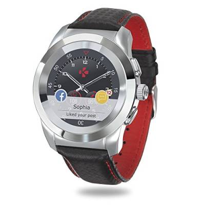 MyKronoz ZeTime Premium hybride Smartwatch 44mm mit mechanischen Zeigern über einen runden Farbtouchscreen – Regular Glänzend Silbern / Schwarz Carbon Rot Ziernaht von MyKronoz