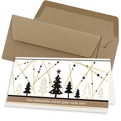 100x Weihnachtskarten-Set DIN Lang in Weiß mit Weihnachtsbäumen und Sternen - Faltkarten mit Umschlägen DIN Lang Kraftpapier Sandbraun mit Nassklebung - Weihnachtsgrüße für Firmen und Privat von NEUSER PAPIER