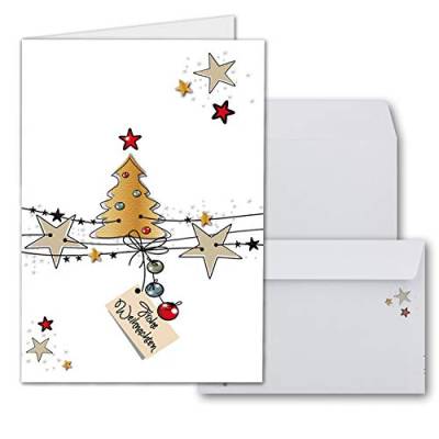 NEUSER PAPIER 10x Weihnachtskarten-Set DIN A6 in Weiß mit Weihnachtsbaum und Sternen - Faltkarten mit passenden Umschlägen - Weihnachtsgrüße für Firmen und Privat von NEUSER PAPIER