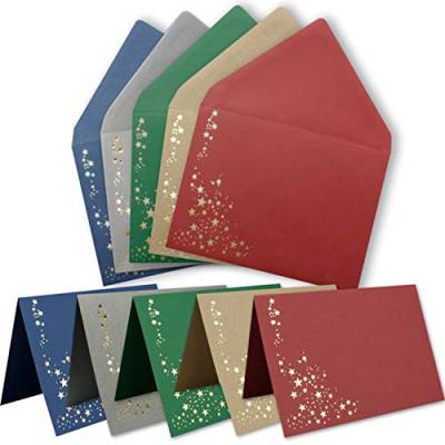 Faltkarten-Set mit Umschlägen DIN C6 A6 - Mix-Paket in verschiedenen Farben mit goldenen Metallic Sternen - 10 Sets - für Drucker geeignet Ideal für Weihnachtskarten von NEUSER PAPIER