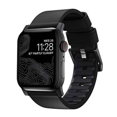NOMAD Modern Strap Black Connector Black Active Leather Pro strapazierfähiges Uhrenarmband aus Leder und Kunststoff FKM für die Apple Watch 42/44/45/49mm in schwarz mit schwarzen Schnallen von NOMAD
