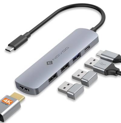 NOVOO 5-in-1 USB-C-Hub, Adapter USB C auf HDMI 4K, Aufladen 100 W PD, USB-C auf USB x 3, USB C Adapter Multiport, kompatibel mit MacBook Air MacBook Pro Chromebook von NOVOO