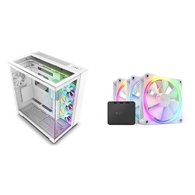 Bundle mit NZXT H9 Elite PC Gaming Gehäuse - Airflow Mesh Front - Extra GPU Lüfter - USB C & NZXT F120 RGB Dreierpackung – 3x120 mm RGB-Lüfter – 18 LEDs – Halbtransparente Lüfterblätter – Weiß von NZXT