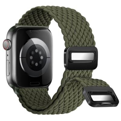 Nepfaivy Geflochtenes Armband Kompatibel mit Apple Watch Armband 40mm 41mm 38mm, Nylon Elastisches Band mit Magnetischer Schnalle für iWatch Series 9/8/SE/7/6/5/4/3/2/1(S, Dunkel-Olivgrün) von Nepfaivy