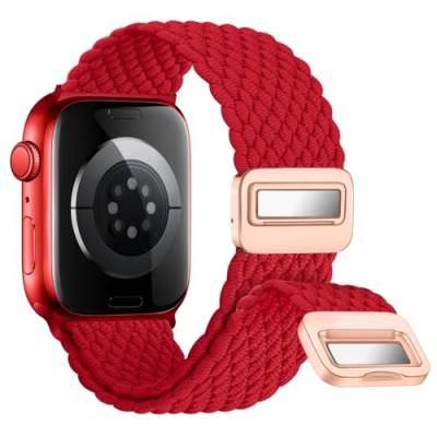 Nepfaivy Geflochtenes Armband Kompatibel mit Apple Watch Armband 40mm 41mm 38mm, Nylon Elastisches Band mit Magnetischer Schnalle für iWatch Series 9/8/SE/7/6/5/4/3/2/1(S, Rot) von Nepfaivy