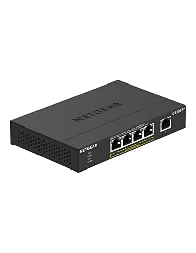NETGEAR GS305PP PoE Switch 4 Port Gigabit Ethernet LAN Switch PoE+ 83W (5 Ports Plug-and-Play Netzwerk Switch PoE, lüfterlos, robustes Metallgehäuse), schwarz von Netgear