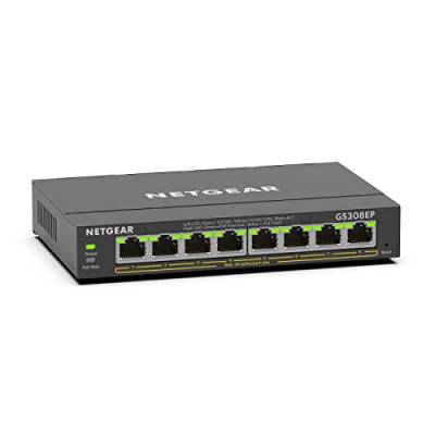 NETGEAR GS308EP PoE Switch 8 Port Gigabit Ethernet LAN Switch PoE+ 62W Plus (Managed Netzwerk Switch PoE mit IGMP Snooping, QoS, VLAN, lüfterloses Metallgehäuse), Schwarz von Netgear