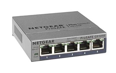 Netgear GS105E Managed Switch 5 Port Gigabit Ethernet LAN Switch Plus (Netzwerk Switch Managed, IGMP, QoS, VLAN, lüfterlos, robustes Metallgehäuse, ProSAFE Lifetime-Garantie), Grau von Netgear