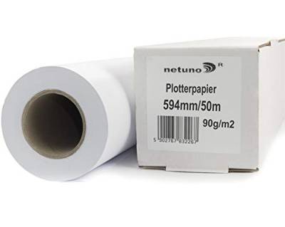 Netuno 1x Weiß Plotterrolle 594 mm x 50 m Plotterpapier 90g / m² Hülse 50 mm (2 Zoll) Qualitäts-Plotterpapier für Inkjet-Plotter Plotterpapier Rolle Universalpapier Rolle mit Plotterpapier von Netuno
