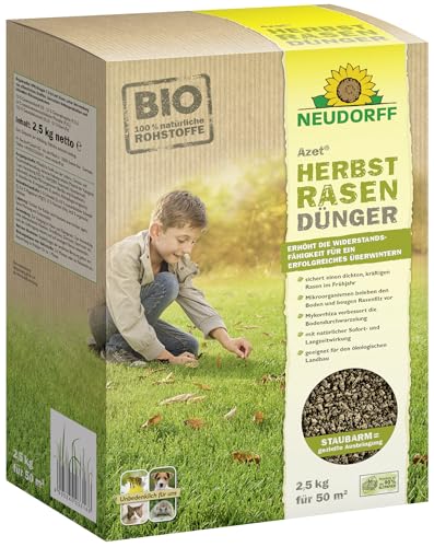 Neudorff Azet HerbstRasenDünger - Organischer Bio-Dünger für 50 m² stärkt die Frosthärte und sorgt für einen dichten, kräftigen Rasen im Frühjahr, 2,5 kg von Neudorff