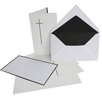 150x Trauerkarten-Set mit Kreuz ca. B6 11,4 x 19,5 cm & Trauer-Umschlägen mit handgeränderten schwarzem Rand & schwarzem Futter, Faltkarten Trauer-Anzeigen von Neuser