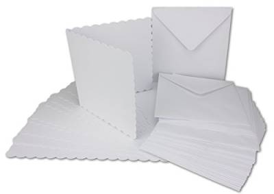 50x Quadratisches Falt-Karten-Set mit Wellen-Schnitt-Rand & Brief-Umschlägen I Farbe: Weiss I 14,5 x 14,5 cm I Papier-Bastel-Set inklusive hochwertiger Box I GUSTAV NEUSER® von Neuser
