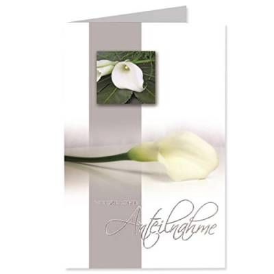 Neuser 10 Trauerkarte Weiße Calla mit Text - Herzliche Anteilnahme - in Silberfolie - 9,5 x 16 cm - weiss - mit passenden Umschlägen - Gustav von Neuser