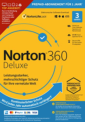 NORTON 360 | Deluxe | 3 Gerät | 1 Benutzer | 1 Jahr | Aktivierungscode per Email von Norton