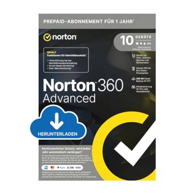 Norton 360 Advanced 2024 | 10 Geräte | Antivirus | Identitätsschutzfunktionen und Support | Secure VPN |1-Jahres-Abonnement mit Verlängerung | PC/Mac/Android/iOS | Aktivierungscode per Email von Norton