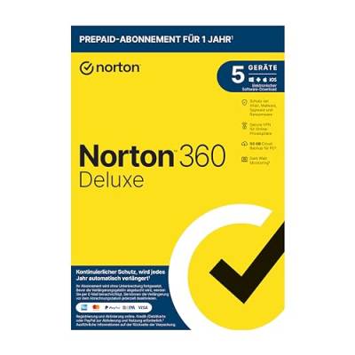 Norton 360 Deluxe 2022 | 5 Geräte | 1-Jahres-Abonnement mit Automatischer Verlängerung | Secure VPN und Passwort-Manager | PC/Mac/Android/iOS | Aktivierungscode in Originalverpackung von Norton
