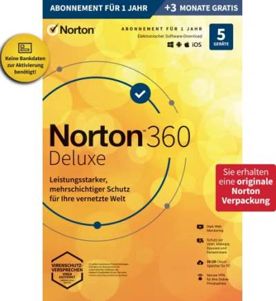 Norton 360 Deluxe 2024, Antivirus, Unlimited Secure VPN, Password Manager | 5 Geräte |15 Monate | PC/Mac/Android | Download | Aktivierungscode in Originalverpackung von Norton