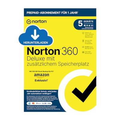 Norton 360 Deluxe mit extragroßer Backup-Kapazität – Amazon Exklusiv* 50GB zusätzlicher Cloud-Backup Speicher. Antivirus Software für 5 Geräte und einem Jahr Laufzeit von Norton