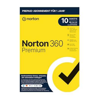 Norton 360 Premium 2022 | 10 Geräte | 1-Jahres-Abonnement mit Automatischer Verlängerung | Secure VPN und Passwort-Manager | PC/Mac/Android/iOS | Aktivierungscode in Originalverpackung von Norton