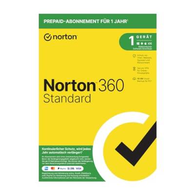 Norton 360 Standard 2022 | 1 Gerät | 1-Jahres-Abonnement mit Automatischer Verlängerung | Secure VPN und Passwort-Manager | PC/Mac/Android/iOS | FFP, Aktivierungscode in Originalverpackung von Norton