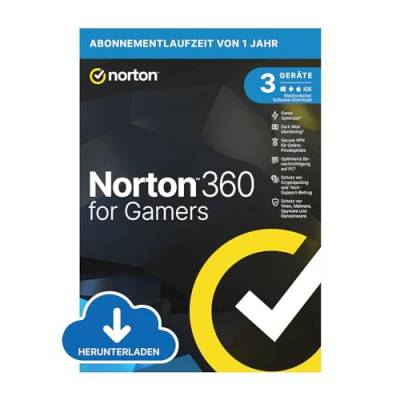 Norton 360 for Gamers 2024, 3 Geräte,Cybersicherheit für Gamer, 1-Jahres-Abonnement, PC/Mac/Android/iOS, Aktivierungscode per Email von Norton