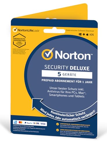 1 Stück - Norton Security Deluxe 5 Geräte / 1 Jahr - 2023 - 2024 【OHNE ABO】 Inklusive Antiviren Software - für Windows, Mac, Android, iOS - PKC von NortonLifeLock