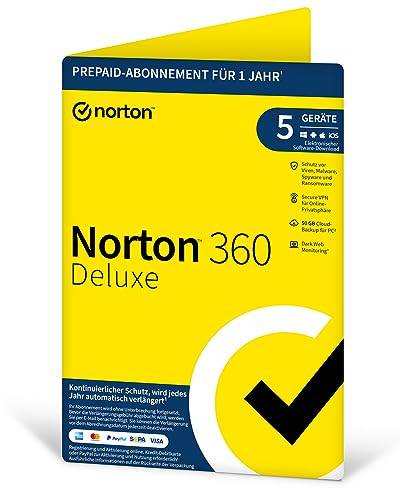 Norton 360 Deluxe 5 Geräte / 1 Jahr - Inklusive Antiviren Software, Secure VPN, Password Manager - 50 GB Cloud-Backup für PC - für Windows, Mac, Android, iOS - PKC - Aktivierungscode per Post von NortonLifeLock