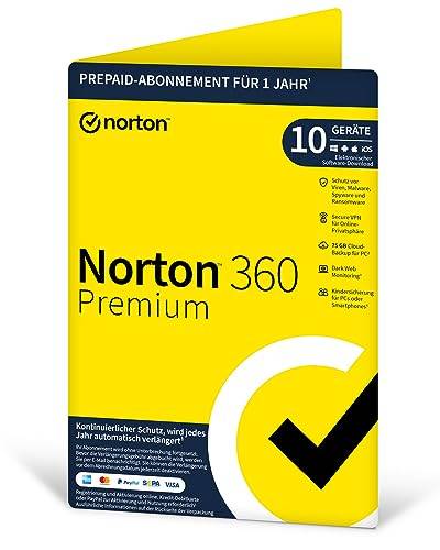 Norton 360 Premium 10 Geräte / 1 Jahr - Inklusive Antiviren Software, Secure VPN, Password Manager - 75 GB Cloud-Backup für PC - für Windows, Mac, Android, iOS - PKC - Aktivierungscode per Post von NortonLifeLock