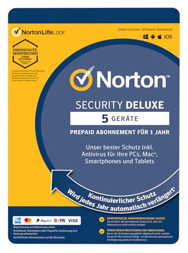 Norton Security Deluxe 5 Geräte / 1 Jahr - 2023 / 2024 - Inklusive Antiviren Software - für Windows, Mac, Android, iOS - [Aktivierungscode per Mail] / OHNE ABO von NortonLifeLock