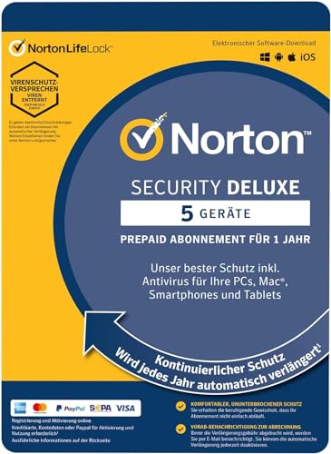 Norton Security Deluxe 5 Geräte / 1 Jahr - 2024 / 2025 - Inklusive Antiviren Software - für Windows, Mac, Android, iOS - [Aktivierungscode per Mail] / OHNE ABO von NortonLifeLock