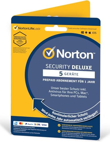 Norton Security Deluxe 5 Geräte / 1 Jahr - 2024 / 2025 - Inklusive Antiviren Software - für Windows, Mac, Android, iOS - PKC - [Aktivierungscode per Post] / OHNE ABO von NortonLifeLock